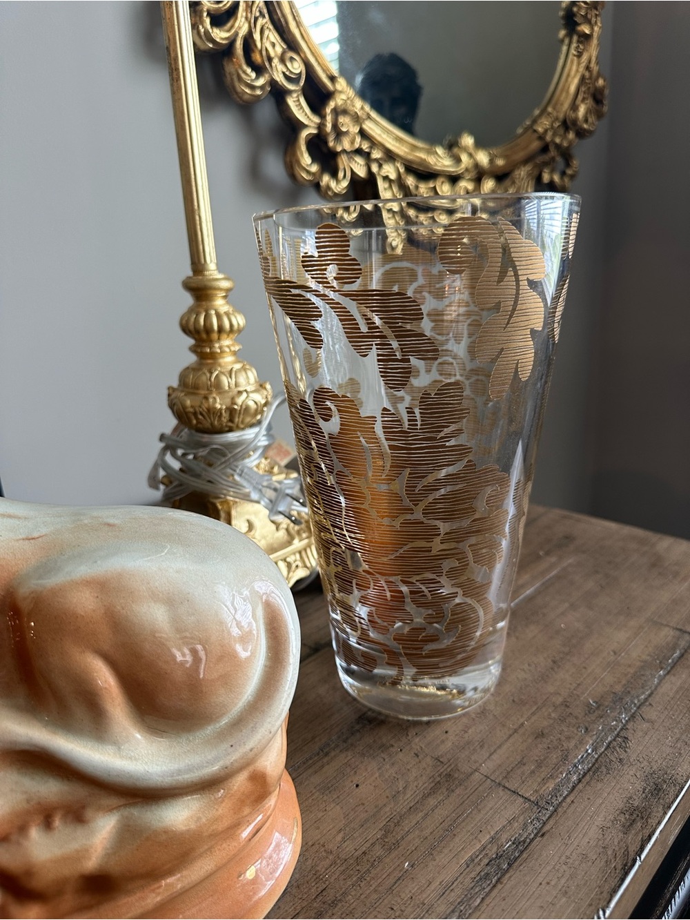 Vintage Gold Floral Glass Vase -Made in Italy- MCM Hollywood Regency Decor
